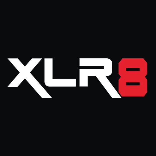 XLR8 logo in white and red on black background